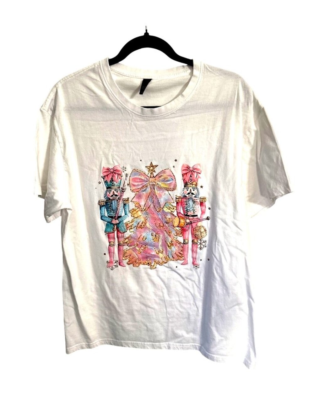 Nutcracker Graphic White T-Shirt Christmas Tree Design Large G 100% Cotton